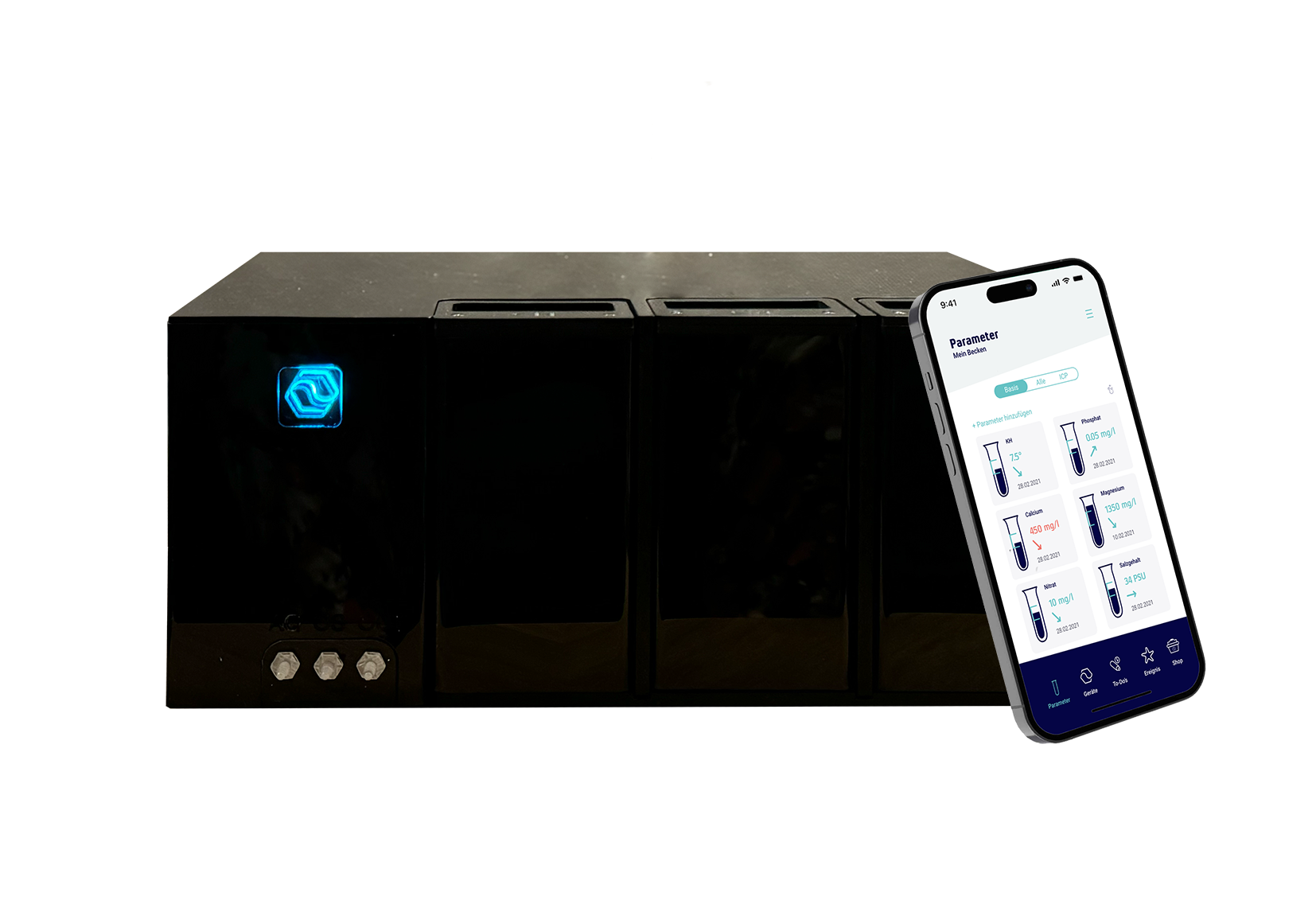 Korallenwächter Messgerät in Schwarz mit WLAN und Kartuschensystem – automatische Ca/Mg/KH‑Analyse mit App
