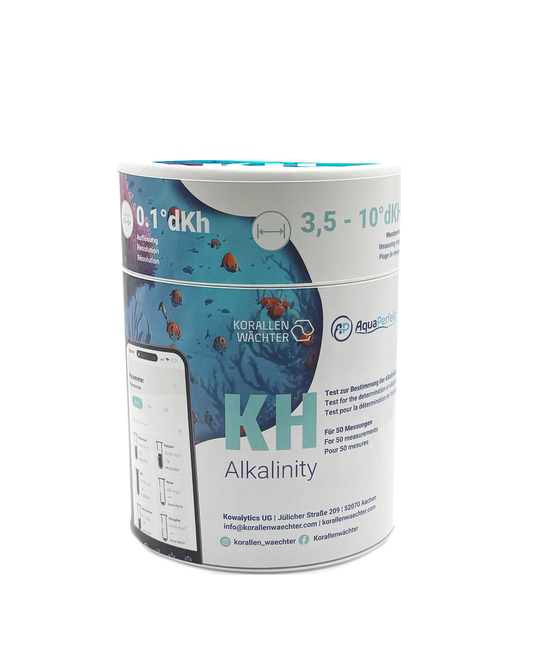 KH Test Kit, 50 Test, Dose rund der Marke Korallenwächter