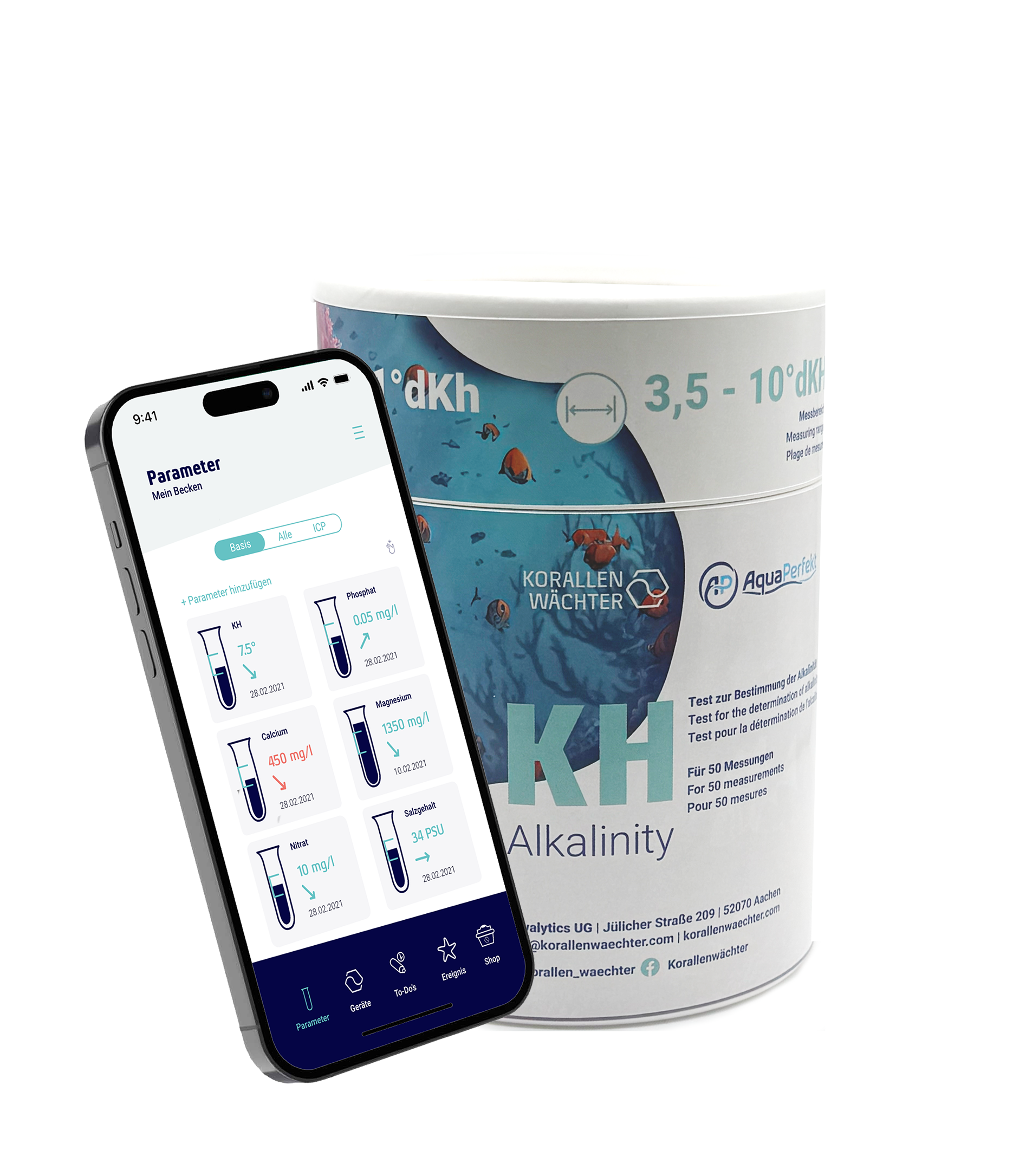 KH TestKit mit digitaler App-Auswertung und 50 Tests, nachhaltige Wassertests in runder Dose.
