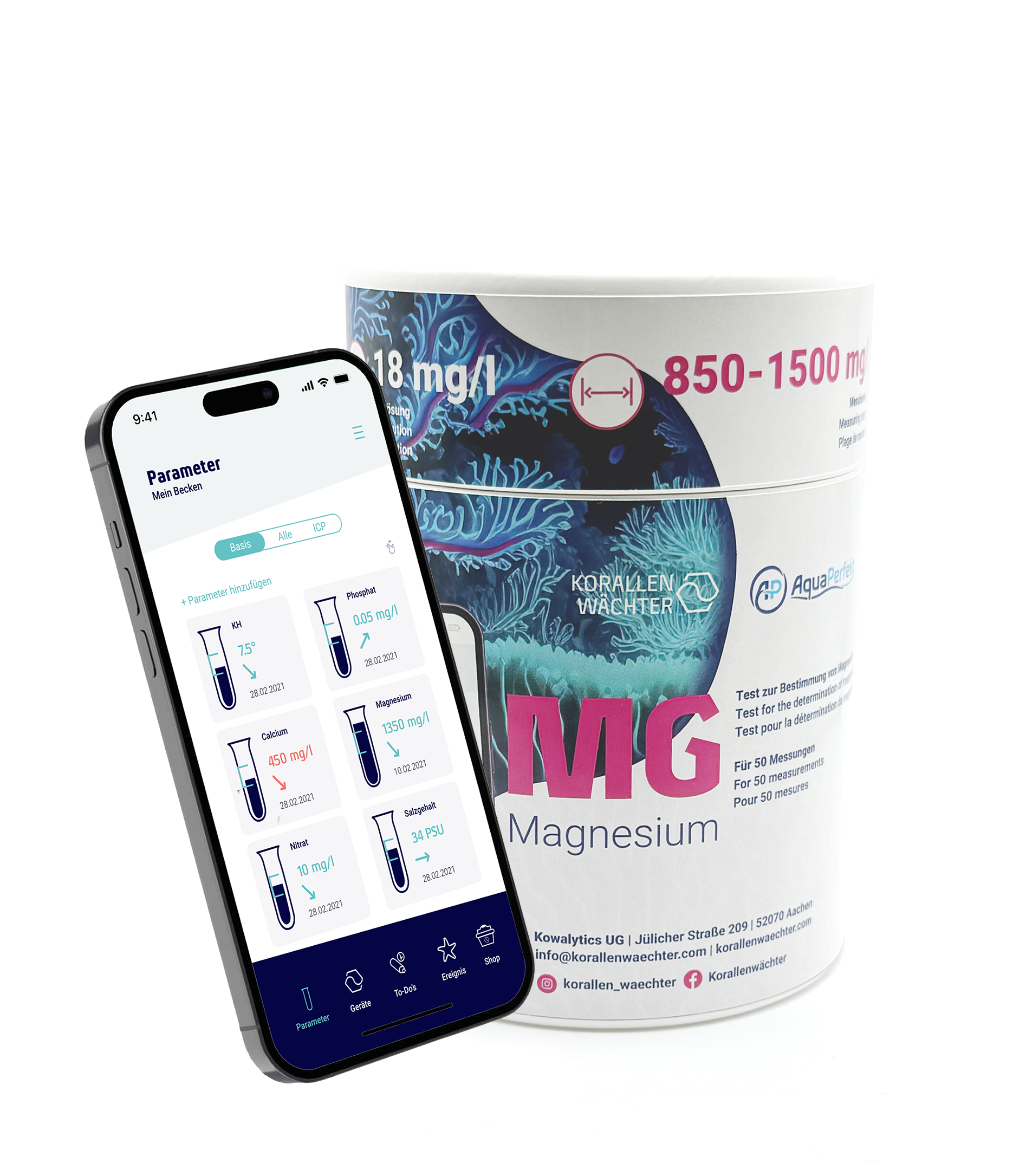 Magnesium-Testkit mit digitaler App-Auswertung, 50 Tests, nachhaltiger Wassertest der Marke Korallenwächter