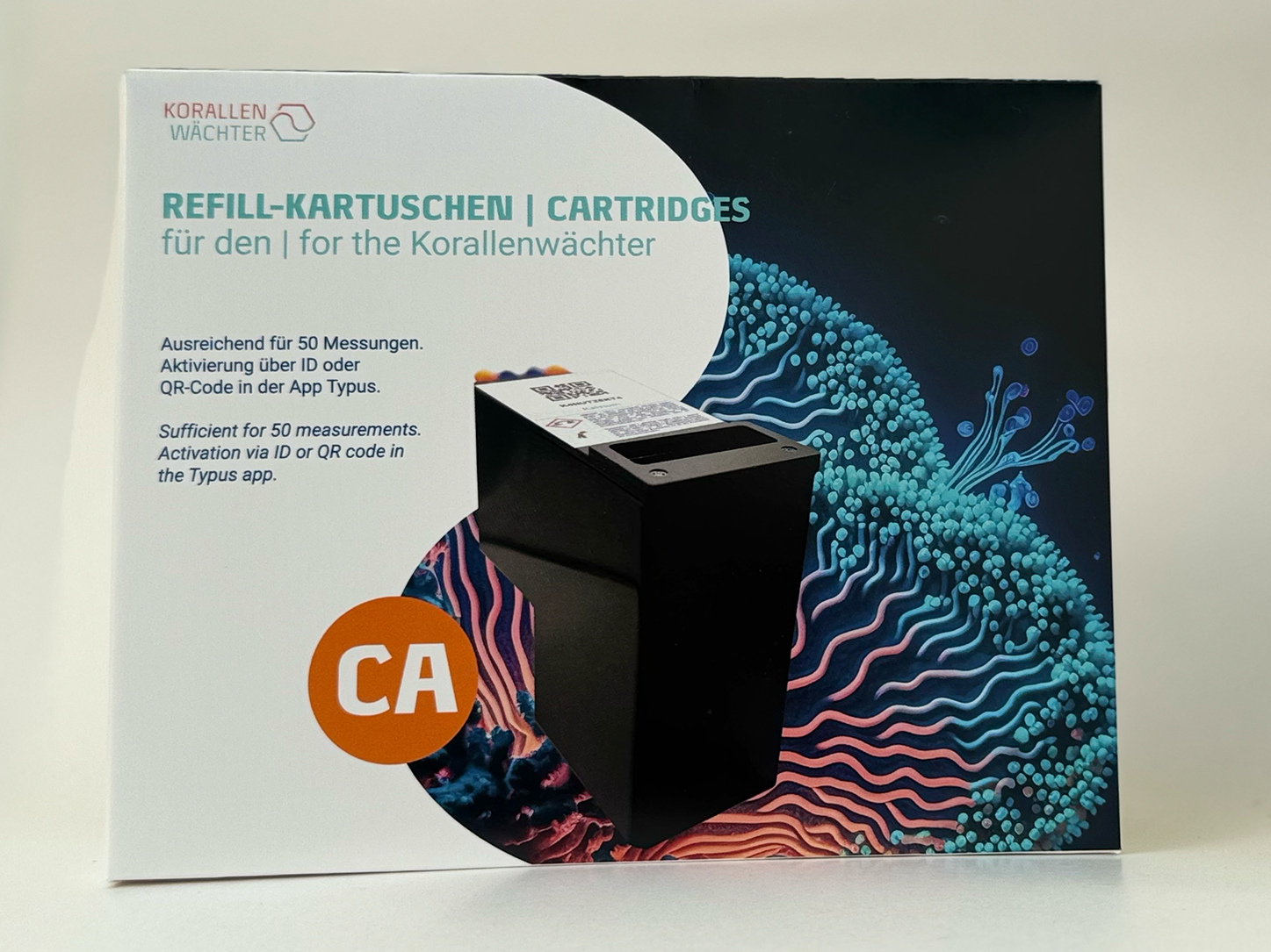 Verpackung Ca-Wechselkartusche für Korallenwächter Messgerät von vorne.