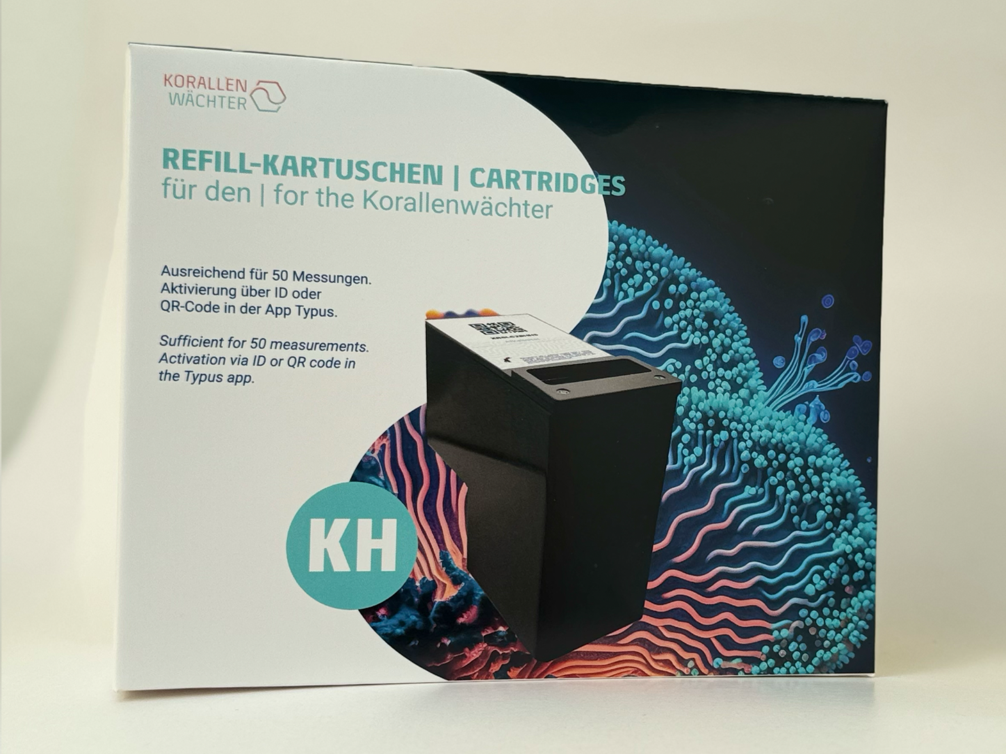 Verpackung KH Wechselkartusche von vorne für Korallenwächter Messgerät.