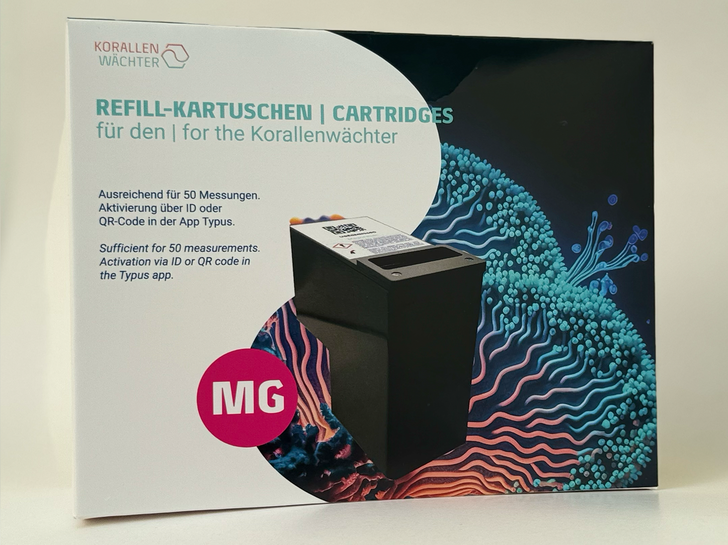 Verpackung Mg-Wechselkartusche für Korallenwächter Messgerät von vorne.