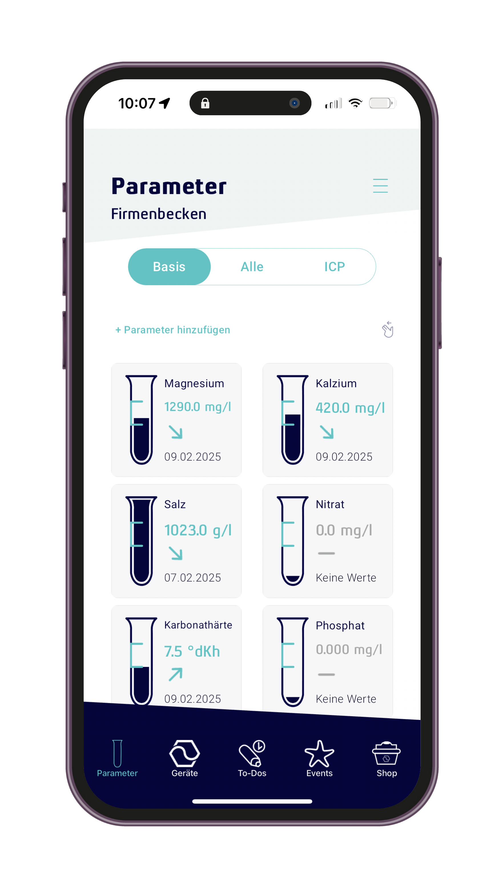 Dashboard der App Typus von Korallenwächter zur Pflege des Aquariums